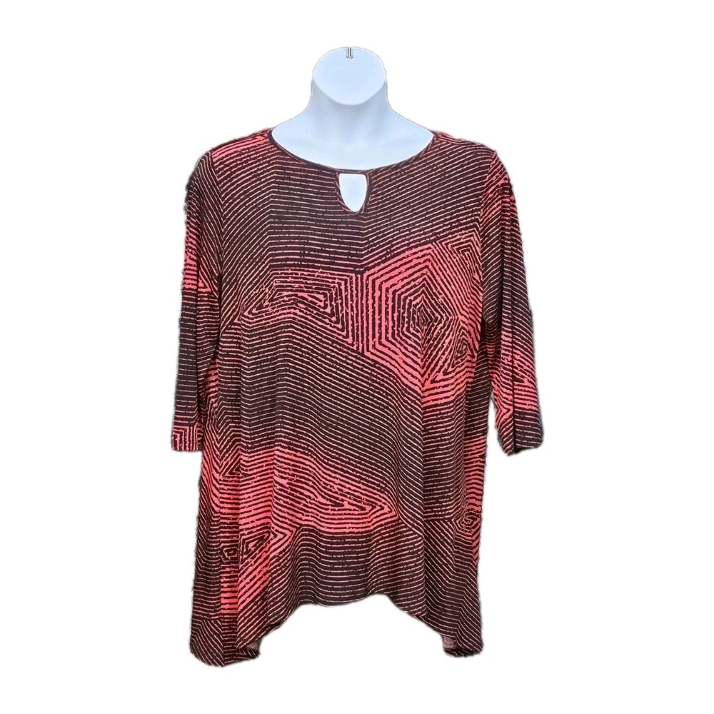 Clara Sun Woo Tunic Top Womens 2X Red Geometric Keyhole Neck Liquid Knit Artsy